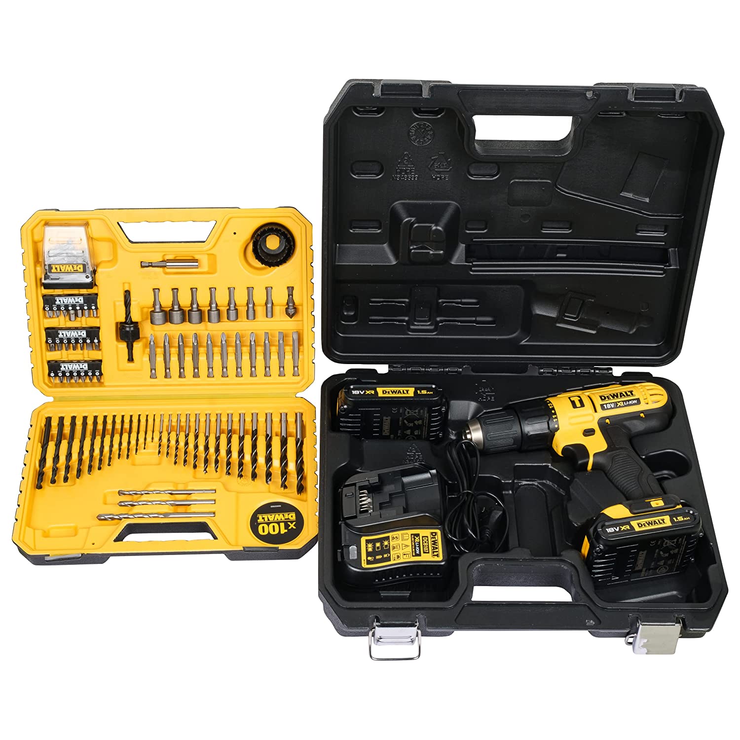 DeWalt DCD776S2A IN 18V 1.5Ah 13mm Hammer Drill Driver with 100 PCs Accessory Kit