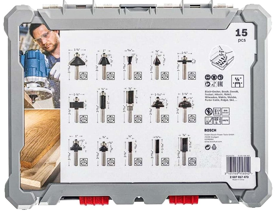 Bosch Professional 2607017473 15-Piece Set Router Bit Set for Wood for Router with 1/4 inch Shank